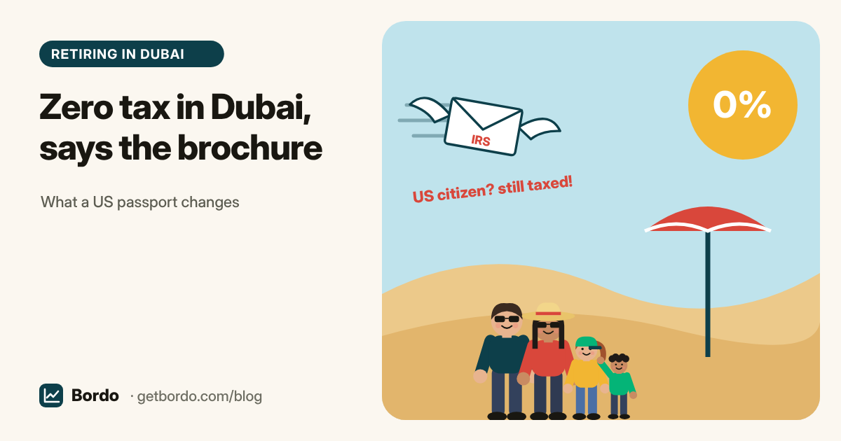 A cartoon family of four in sunglasses on a Dubai beach under a 0% sun, while a winged IRS letter flies in