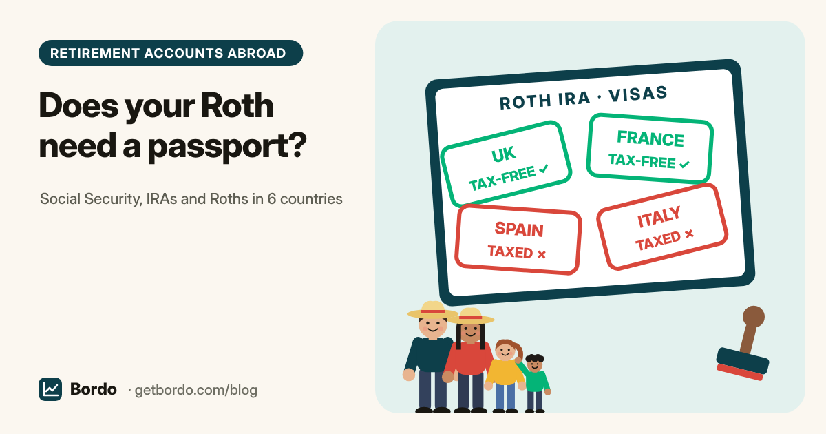 A cartoon family of four next to a passport stamped tax-free for the UK and France, and taxed for Spain and Italy